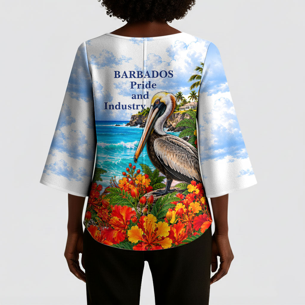 Barbados Independence Day Pelican Kimono Sleeve Blouse Patriotic Tropical Island Scenery And Exotic Flowers