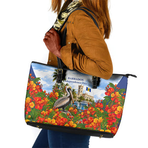 Barbados Independence Day Pelican Leather Tote Bag Patriotic Tropical Island Scenery And Exotic Flowers