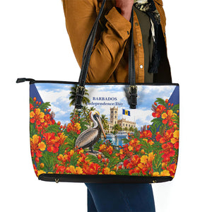 Barbados Independence Day Pelican Leather Tote Bag Patriotic Tropical Island Scenery And Exotic Flowers