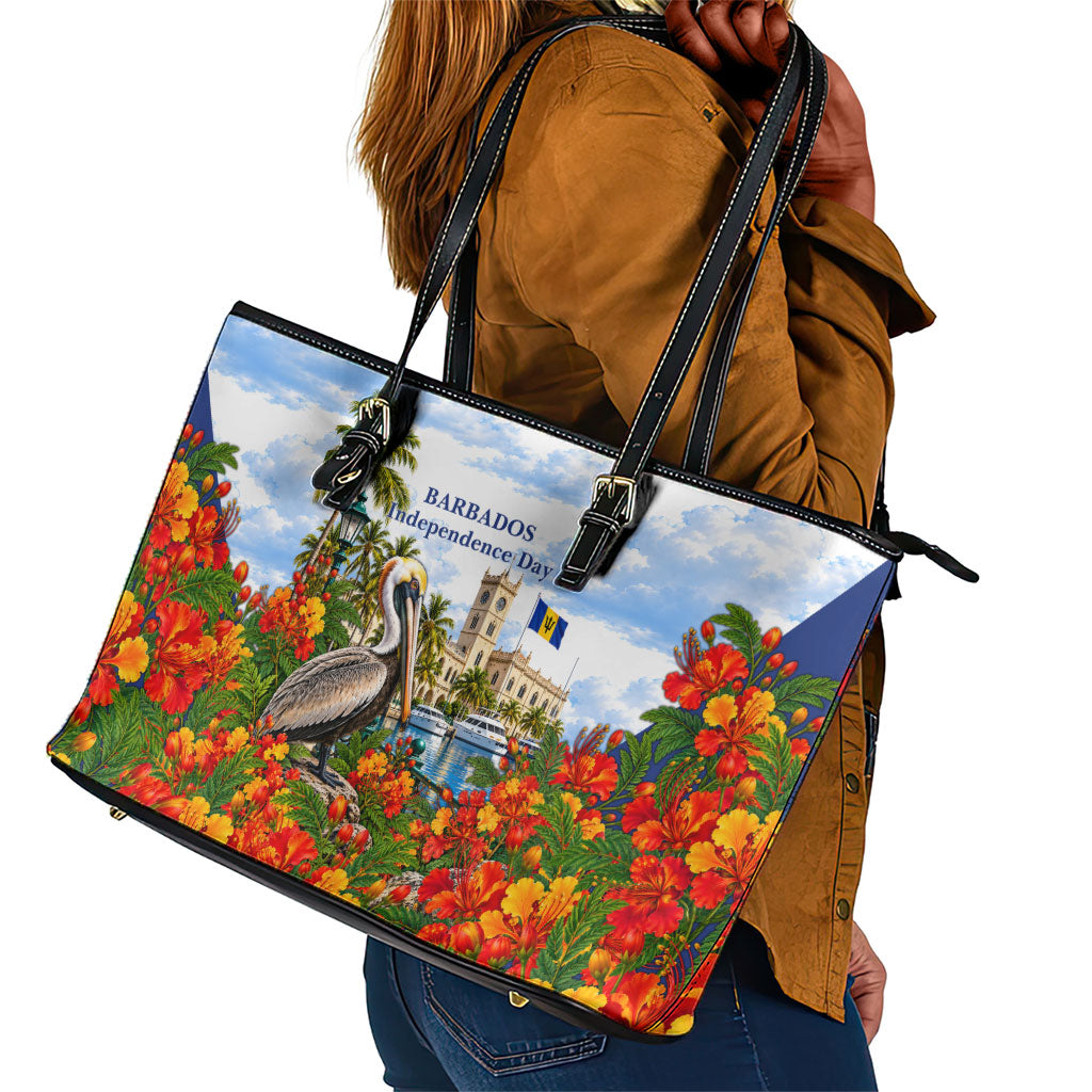 Barbados Independence Day Pelican Leather Tote Bag Patriotic Tropical Island Scenery And Exotic Flowers