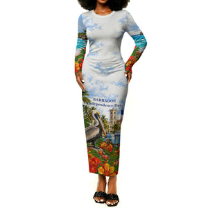 Barbados Independence Day Pelican Long Sleeve Bodycon Dress Patriotic Tropical Island Scenery And Exotic Flowers