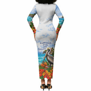 Barbados Independence Day Pelican Long Sleeve Bodycon Dress Patriotic Tropical Island Scenery And Exotic Flowers