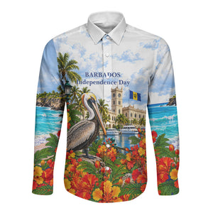 Barbados Independence Day Pelican Long Sleeve Button Shirt Patriotic Tropical Island Scenery And Exotic Flowers