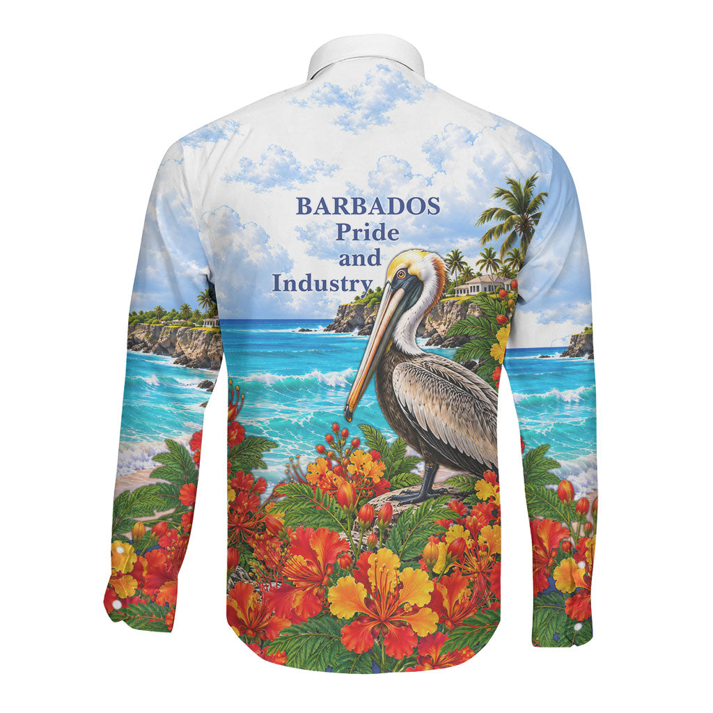 Barbados Independence Day Pelican Long Sleeve Button Shirt Patriotic Tropical Island Scenery And Exotic Flowers