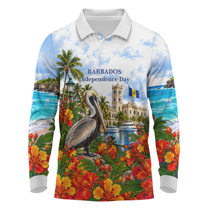Barbados Independence Day Pelican Long Sleeve Polo Shirt Patriotic Tropical Island Scenery And Exotic Flowers