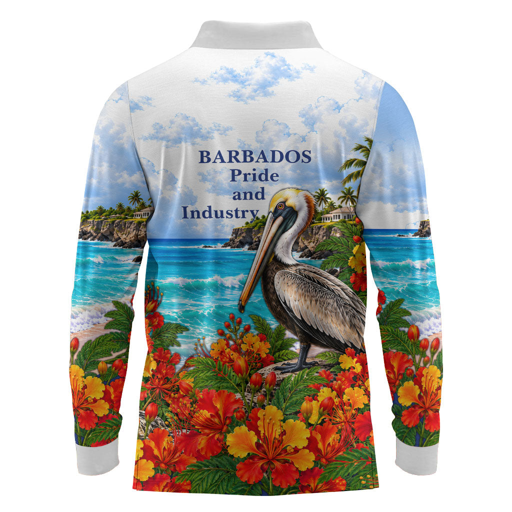 Barbados Independence Day Pelican Long Sleeve Polo Shirt Patriotic Tropical Island Scenery And Exotic Flowers