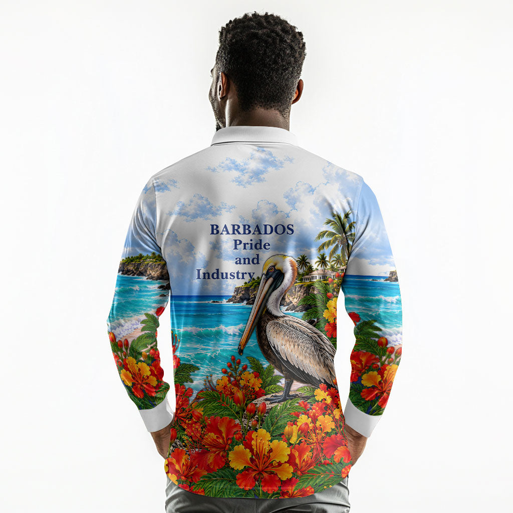 Barbados Independence Day Pelican Long Sleeve Polo Shirt Patriotic Tropical Island Scenery And Exotic Flowers