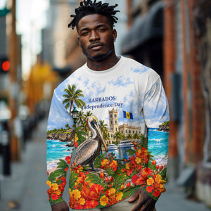 Barbados Independence Day Pelican Long Sleeve Shirt Patriotic Tropical Island Scenery And Exotic Flowers