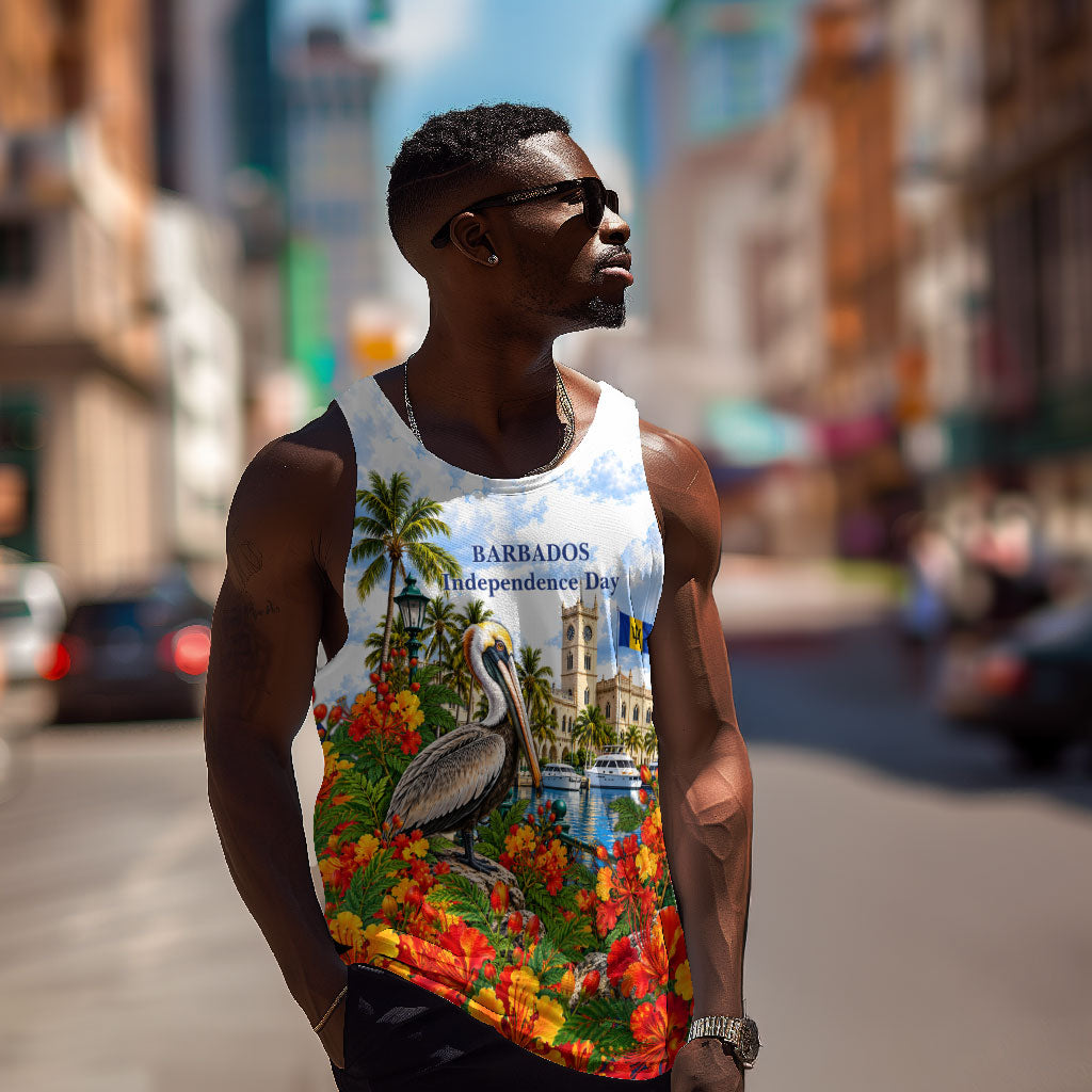Barbados Independence Day Pelican Men Tank Top Patriotic Tropical Island Scenery And Exotic Flowers