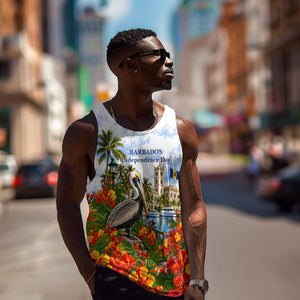 Barbados Independence Day Pelican Men Tank Top Patriotic Tropical Island Scenery And Exotic Flowers