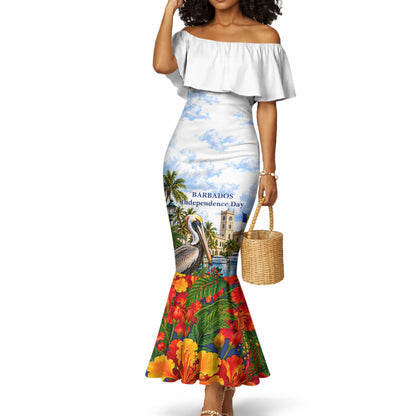 Barbados Independence Day Pelican Mermaid Dress Patriotic Tropical Island Scenery And Exotic Flowers
