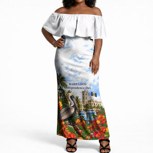Barbados Independence Day Pelican Off Shoulder Maxi Dress Patriotic Tropical Island Scenery And Exotic Flowers