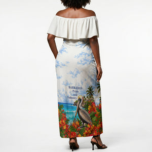 Barbados Independence Day Pelican Off Shoulder Maxi Dress Patriotic Tropical Island Scenery And Exotic Flowers