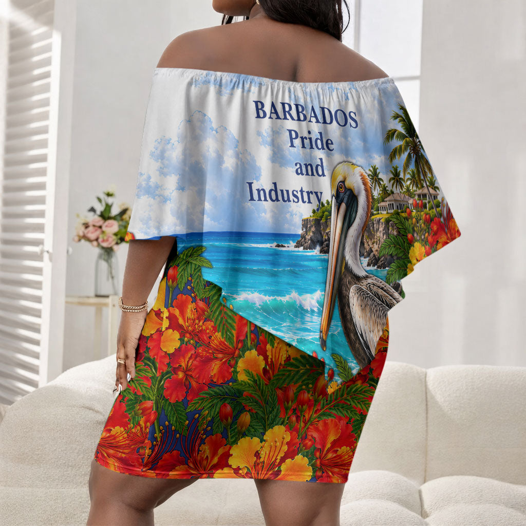 Barbados Independence Day Pelican Off Shoulder Short Dress Patriotic Tropical Island Scenery And Exotic Flowers