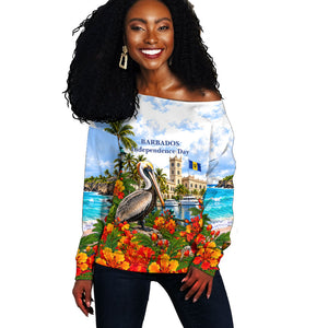 Barbados Independence Day Pelican Off Shoulder Sweater Patriotic Tropical Island Scenery And Exotic Flowers