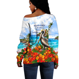 Barbados Independence Day Pelican Off Shoulder Sweater Patriotic Tropical Island Scenery And Exotic Flowers