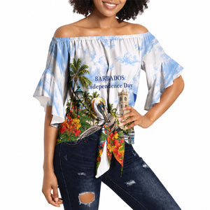 Barbados Independence Day Pelican Off Shoulder Wrap Waist Top Patriotic Tropical Island Scenery And Exotic Flowers