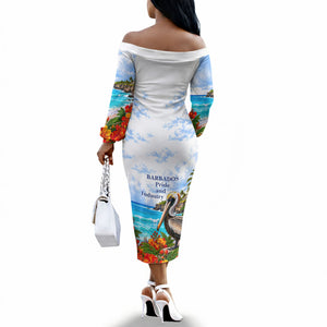 Barbados Independence Day Pelican Off The Shoulder Long Sleeve Dress Patriotic Tropical Island Scenery And Exotic Flowers