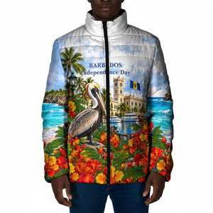 Barbados Independence Day Pelican Padded Jacket Patriotic Tropical Island Scenery And Exotic Flowers