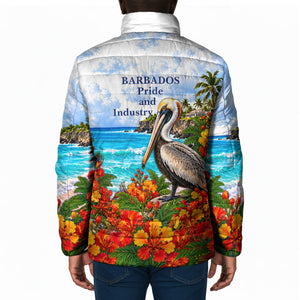 Barbados Independence Day Pelican Padded Jacket Patriotic Tropical Island Scenery And Exotic Flowers