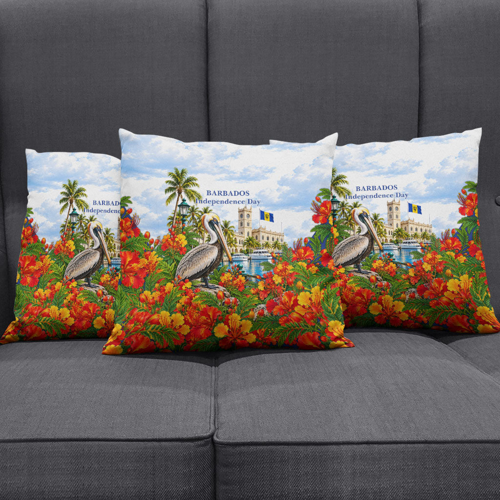 Barbados Independence Day Pelican Pillow Cover Patriotic Tropical Island Scenery And Exotic Flowers