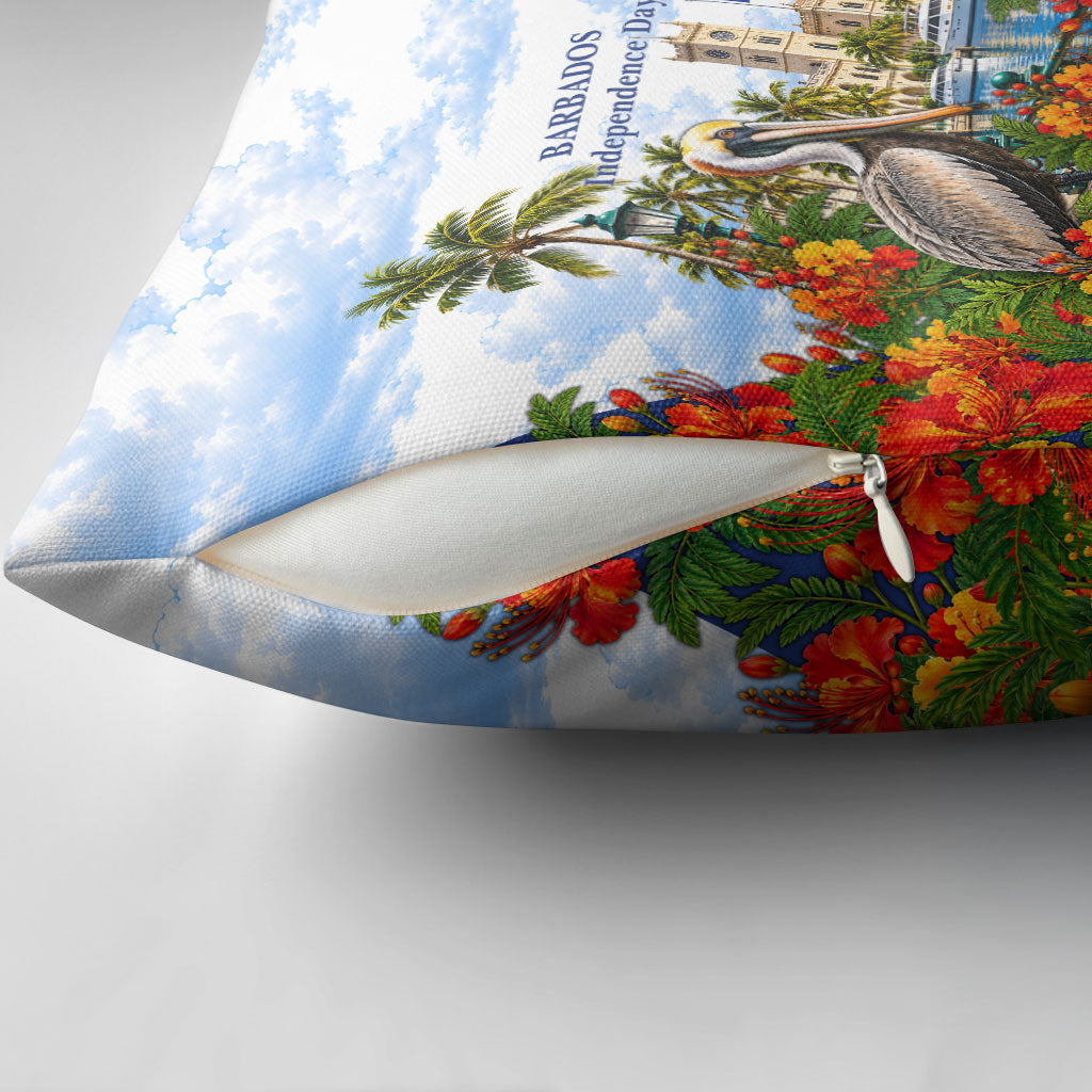 Barbados Independence Day Pelican Pillow Cover Patriotic Tropical Island Scenery And Exotic Flowers