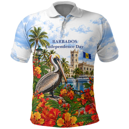 Barbados Independence Day Pelican Polo Shirt Patriotic Tropical Island Scenery And Exotic Flowers