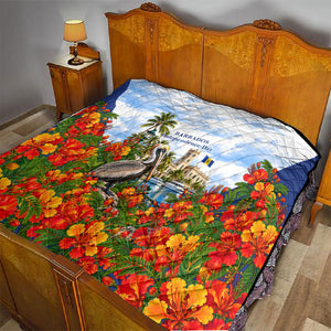 Barbados Independence Day Pelican Quilt Patriotic Tropical Island Scenery And Exotic Flowers