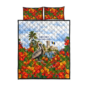 Barbados Independence Day Pelican Quilt Bed Set Patriotic Tropical Island Scenery And Exotic Flowers