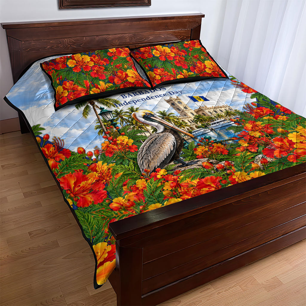 Barbados Independence Day Pelican Quilt Bed Set Patriotic Tropical Island Scenery And Exotic Flowers