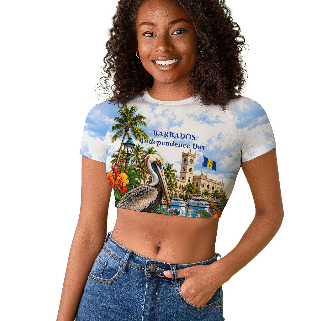 Barbados Independence Day Pelican Raglan Cropped T shirt Patriotic Tropical Island Scenery And Exotic Flowers