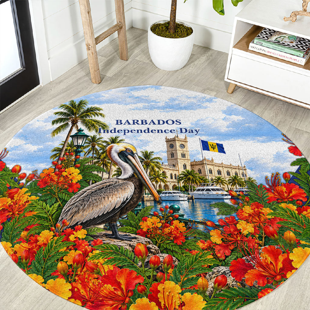 Barbados Independence Day Pelican Round Carpet Patriotic Tropical Island Scenery And Exotic Flowers