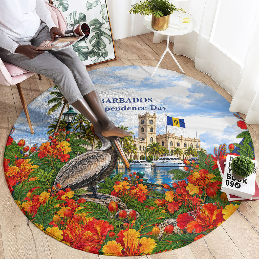 Barbados Independence Day Pelican Round Carpet Patriotic Tropical Island Scenery And Exotic Flowers