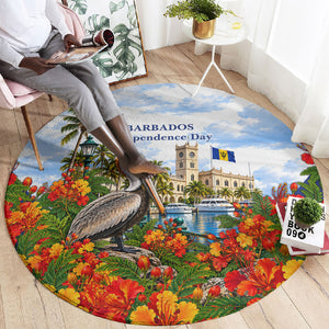 Barbados Independence Day Pelican Round Carpet Patriotic Tropical Island Scenery And Exotic Flowers