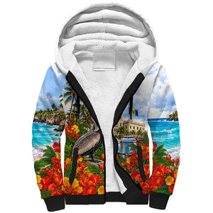 Barbados Independence Day Pelican Sherpa Hoodie Patriotic Tropical Island Scenery And Exotic Flowers