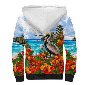 Barbados Independence Day Pelican Sherpa Hoodie Patriotic Tropical Island Scenery And Exotic Flowers