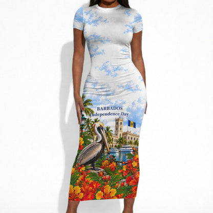 Barbados Independence Day Pelican Short Sleeve Bodycon Dress Patriotic Tropical Island Scenery And Exotic Flowers