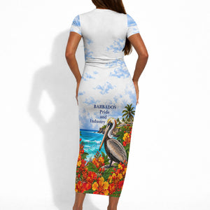 Barbados Independence Day Pelican Short Sleeve Bodycon Dress Patriotic Tropical Island Scenery And Exotic Flowers