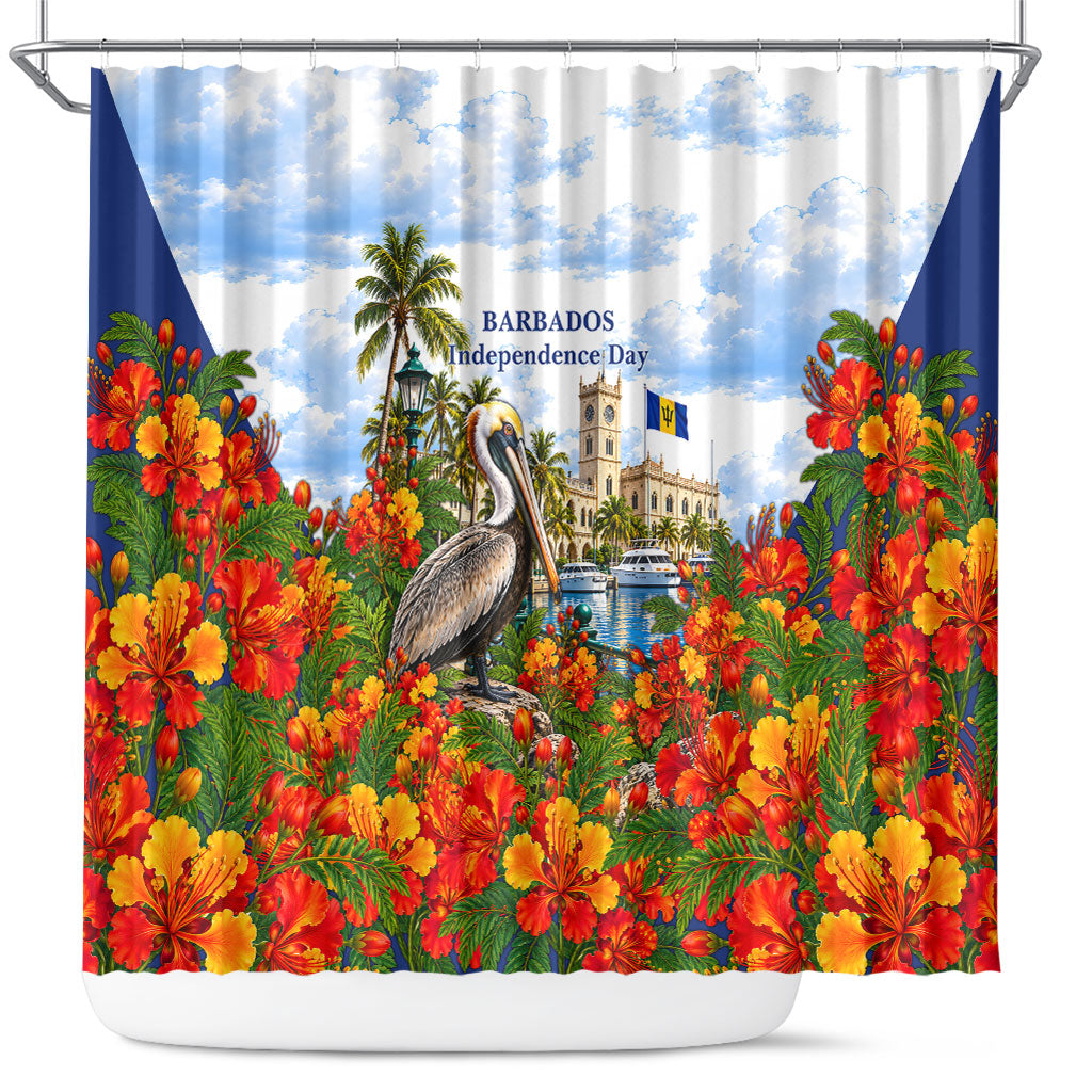 Barbados Independence Day Pelican Shower Curtain Patriotic Tropical Island Scenery And Exotic Flowers