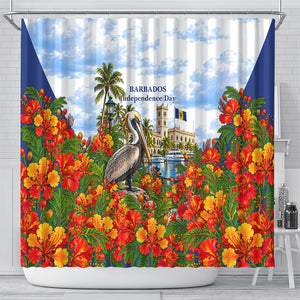Barbados Independence Day Pelican Shower Curtain Patriotic Tropical Island Scenery And Exotic Flowers