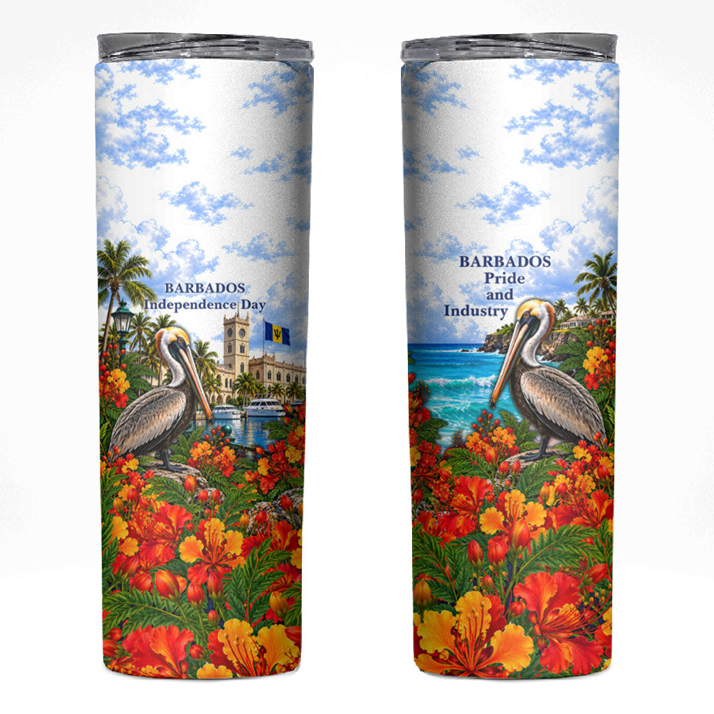 Barbados Independence Day Pelican Skinny Tumbler Patriotic Tropical Island Scenery And Exotic Flowers