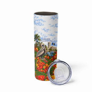 Barbados Independence Day Pelican Skinny Tumbler Patriotic Tropical Island Scenery And Exotic Flowers