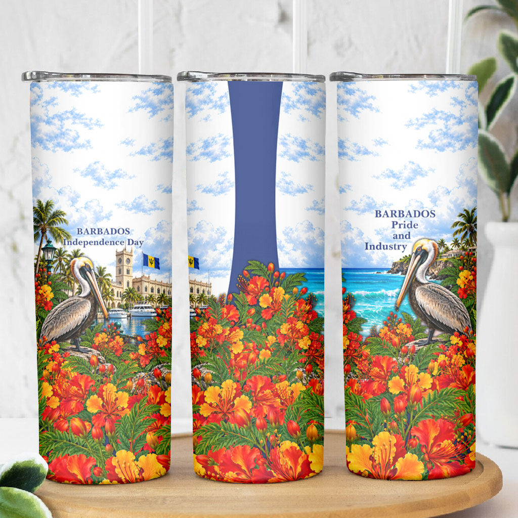 Barbados Independence Day Pelican Skinny Tumbler Patriotic Tropical Island Scenery And Exotic Flowers