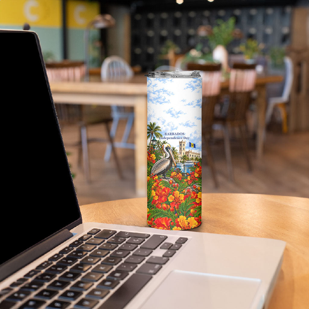 Barbados Independence Day Pelican Skinny Tumbler Patriotic Tropical Island Scenery And Exotic Flowers