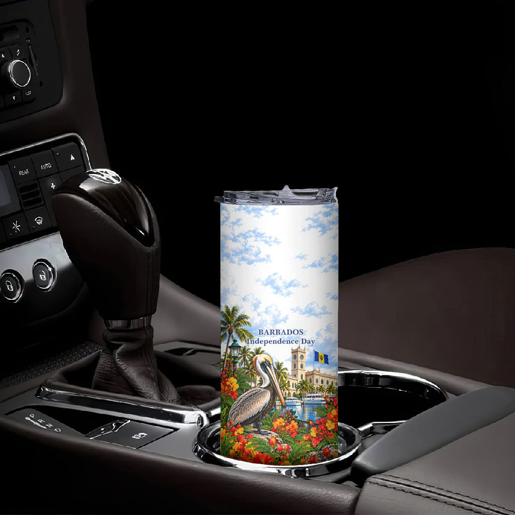 Barbados Independence Day Pelican Skinny Tumbler Patriotic Tropical Island Scenery And Exotic Flowers