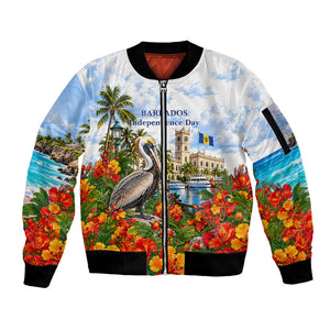 Barbados Independence Day Pelican Sleeve Zip Bomber Jacket Patriotic Tropical Island Scenery And Exotic Flowers