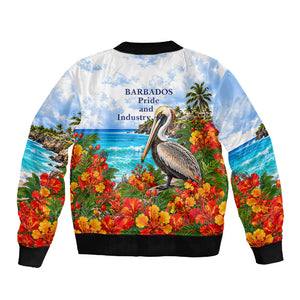Barbados Independence Day Pelican Sleeve Zip Bomber Jacket Patriotic Tropical Island Scenery And Exotic Flowers