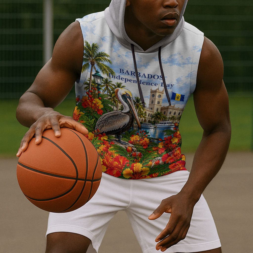 Barbados Independence Day Pelican Sleeveless Hoodie Patriotic Tropical Island Scenery And Exotic Flowers