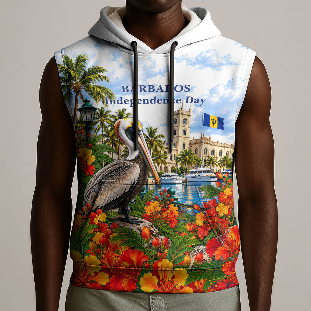 Barbados Independence Day Pelican Sleeveless Hoodie Patriotic Tropical Island Scenery And Exotic Flowers