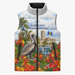 Barbados Independence Day Pelican Sleeveless Puffer Jacket Patriotic Tropical Island Scenery And Exotic Flowers